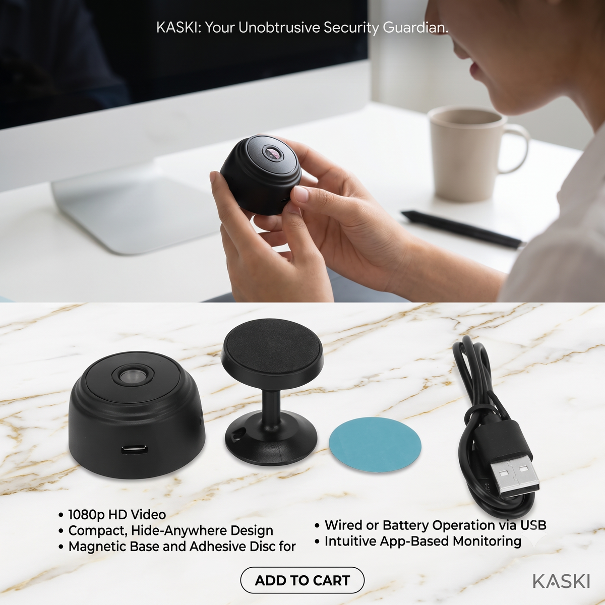 KASKI™ Wireless Security Camera – Compact Rechargeable HD Video Recording Camera