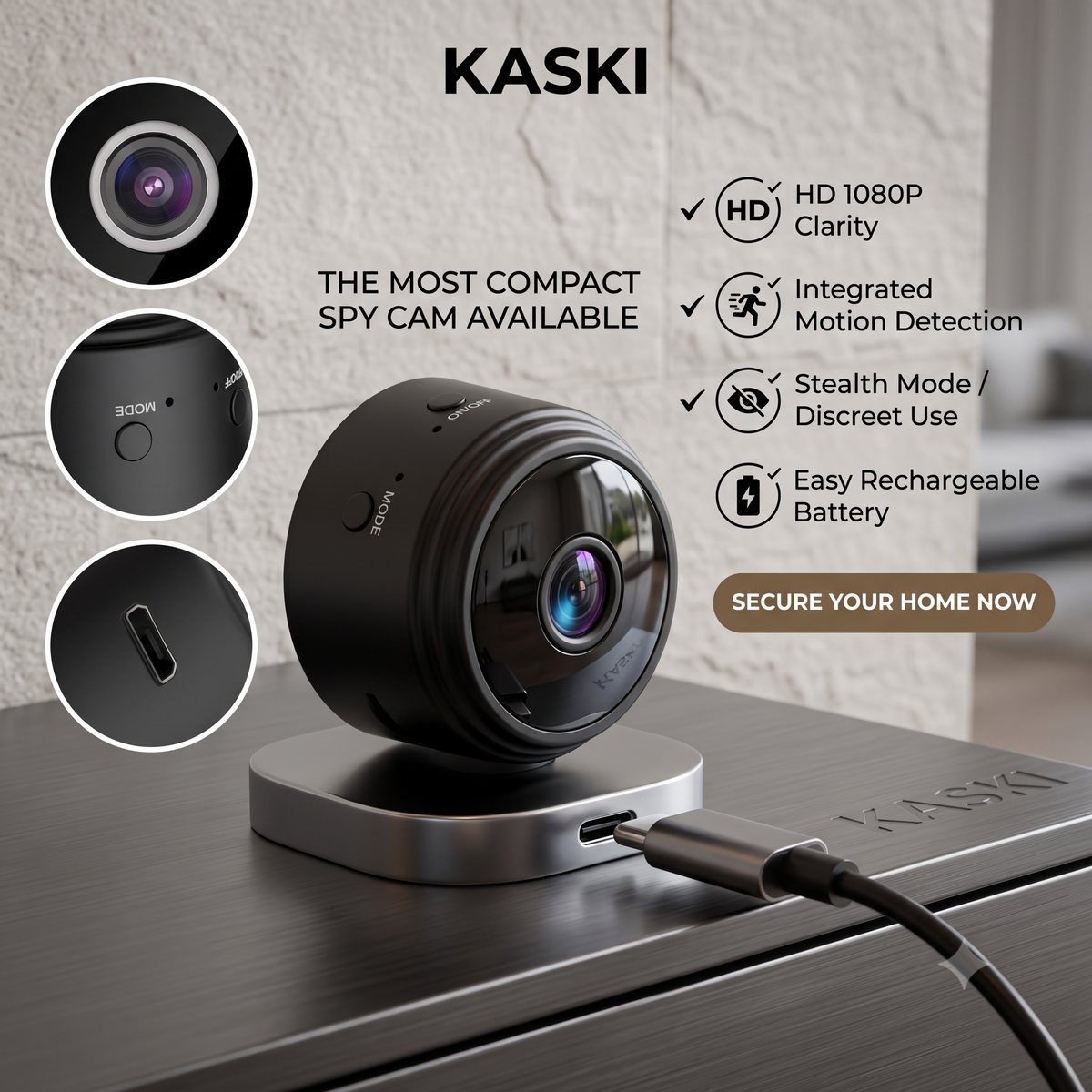 KASKI™ Wireless Security Camera – Compact Rechargeable HD Video Recording Camera