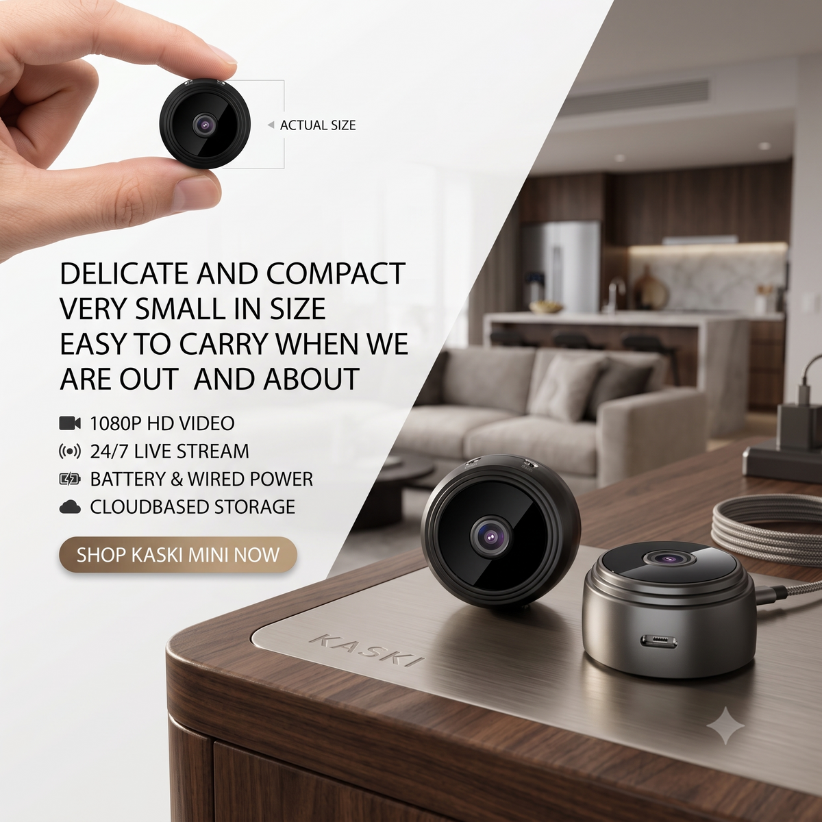 KASKI™ Wireless Security Camera – Compact Rechargeable HD Video Recording Camera